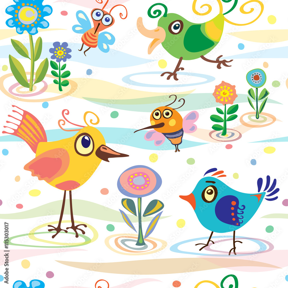 birds, summer, spring, pattern with birds, bees and butterflies