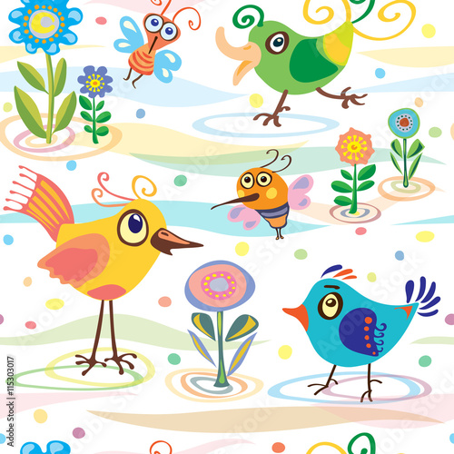 birds  summer  spring  pattern with birds  bees and butterflies