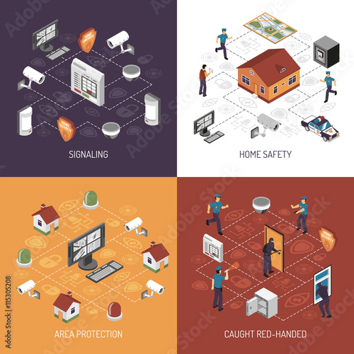 Home Security 4 Isometric Icons Square
