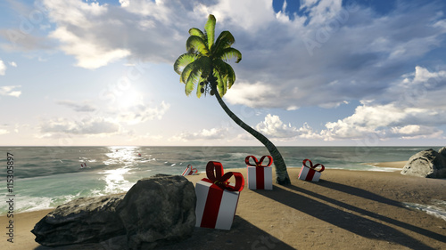 Merry Christmas gift boxes on the beach. Render image
