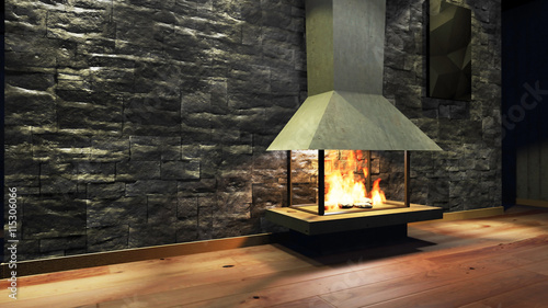 Modern Fireplace in white metal. Concrete stone wall. Soft Lights. 3D Render ...