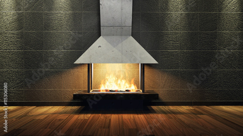 Modern Fireplace in white metal. Concrete stone wall. Soft Lights. 3D Render ...