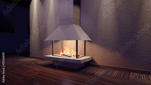 Modern Fireplace in white metal. Concrete stone wall. Soft Lights. 3D Render ...