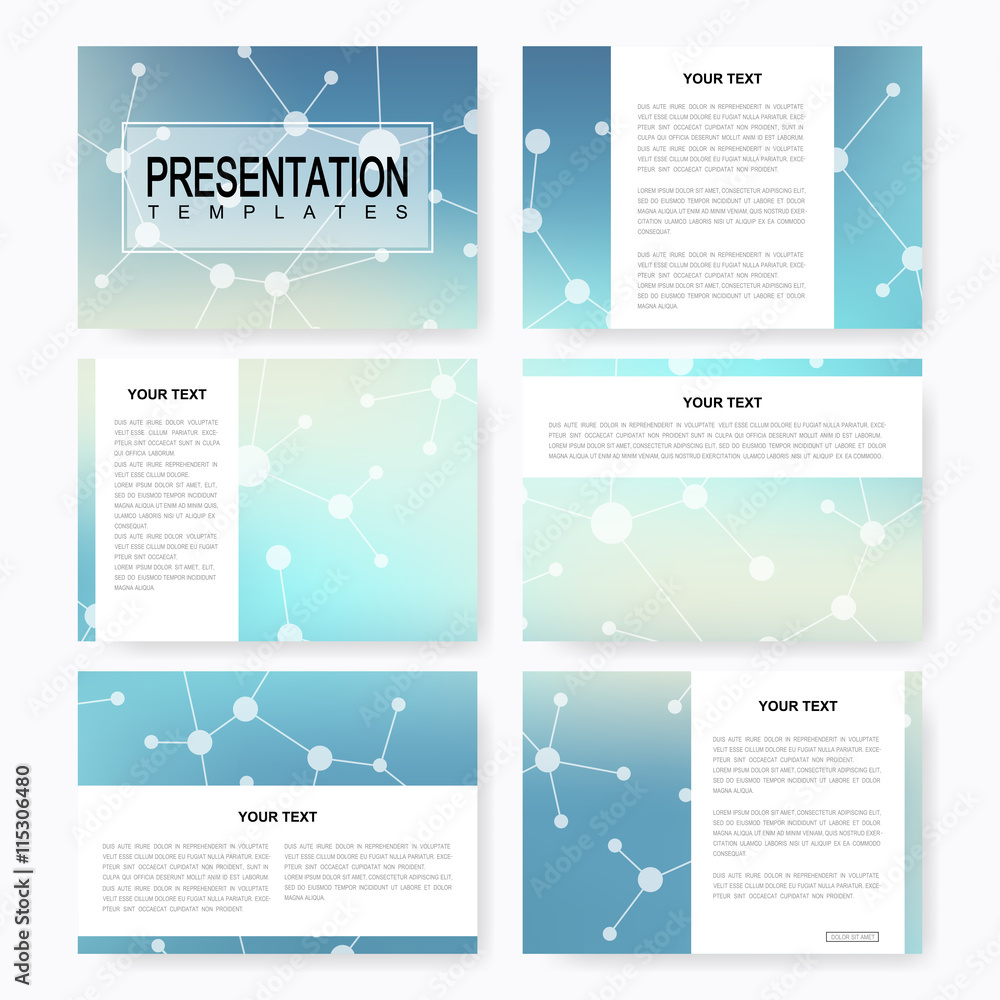 Set of vector templates for multipurpose presentation slides. Brochure, Leaflet, flyer, cover, magazine or annual report. Modern business, science, medicine design. Abstract presentation with molecule