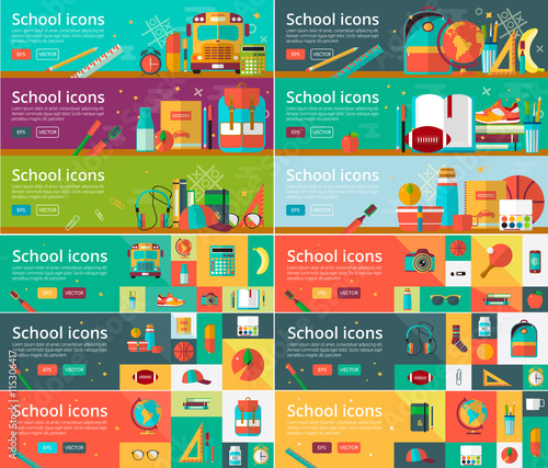 Vector collection of flat education design concepts. Horizontal banners set with school items.