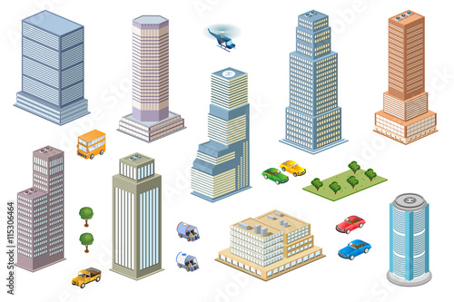  3D  kit metropolis of skyscrapers, houses, gardens and streets in a three-dimensional isometric view