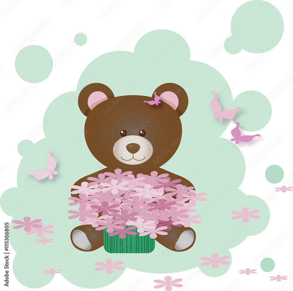 Vector Cute Teddy Bear holding flowers illustration Vector Cute Teddy Bear holding flowers illustration