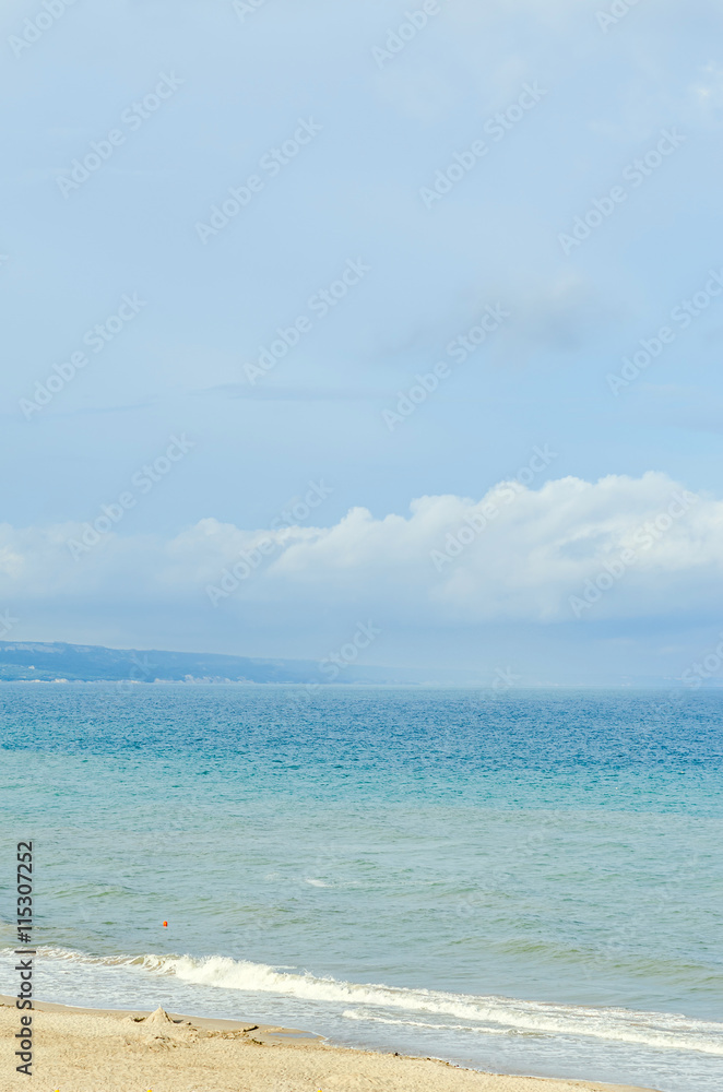 The Black Sea shore, seaside from Albena, Bulgaria,  beach with golden sands, blue clear water