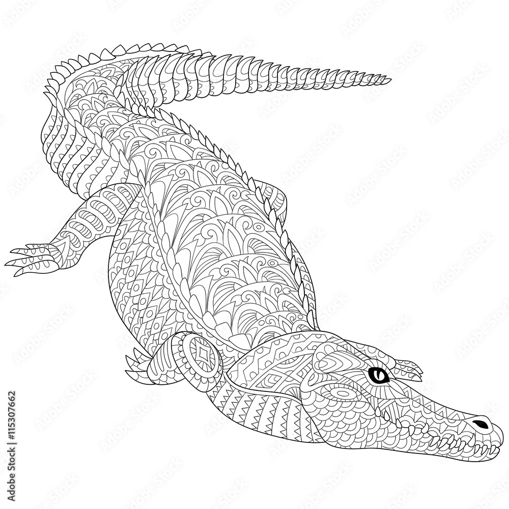 Fototapeta premium Zentangle stylized cartoon crocodile (alligator) isolated on a white. Hand drawn sketch for adult antistress coloring page, T-shirt emblem, logo, tattoo with doodle, zentangle, floral design elements