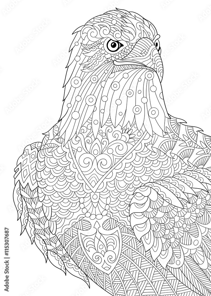 Zentangle stylized cartoon eagle of prey (hawk, falcon, osprey). Hand