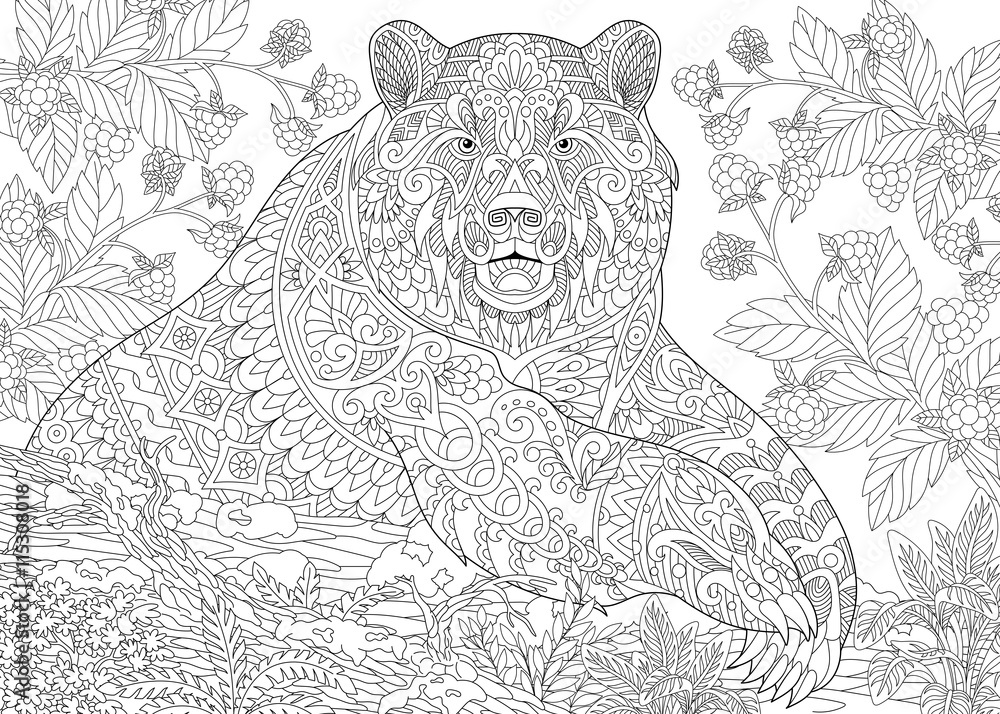 Fototapeta premium Zentangle stylized cartoon bear (grizzly bear) among blackberries or raspberries in woodland. Hand drawn sketch for adult antistress coloring book page with doodle, zentangle, floral design elements.