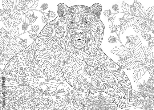 Zentangle stylized cartoon bear (grizzly bear) among blackberries or raspberries in woodland. Hand drawn sketch for adult antistress coloring book page with doodle, zentangle, floral design elements.