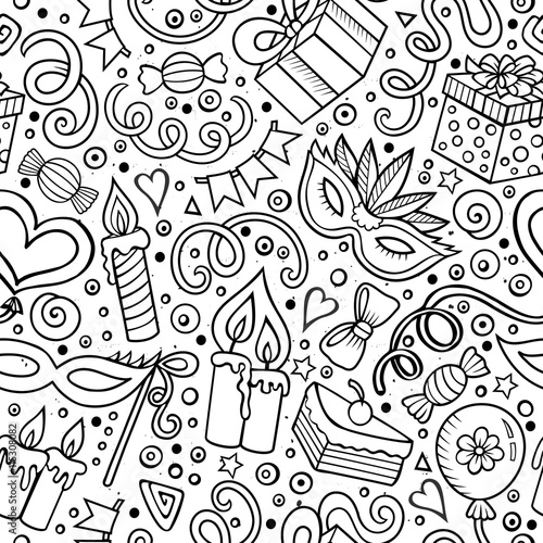 Cartoon hand-drawn doodles birthday theme seamless pattern © balabolka