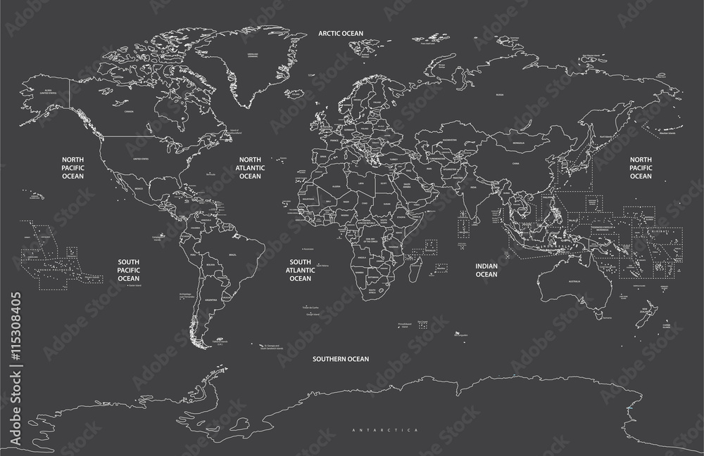 Naklejka premium political world map contour on soft black background vector illustration