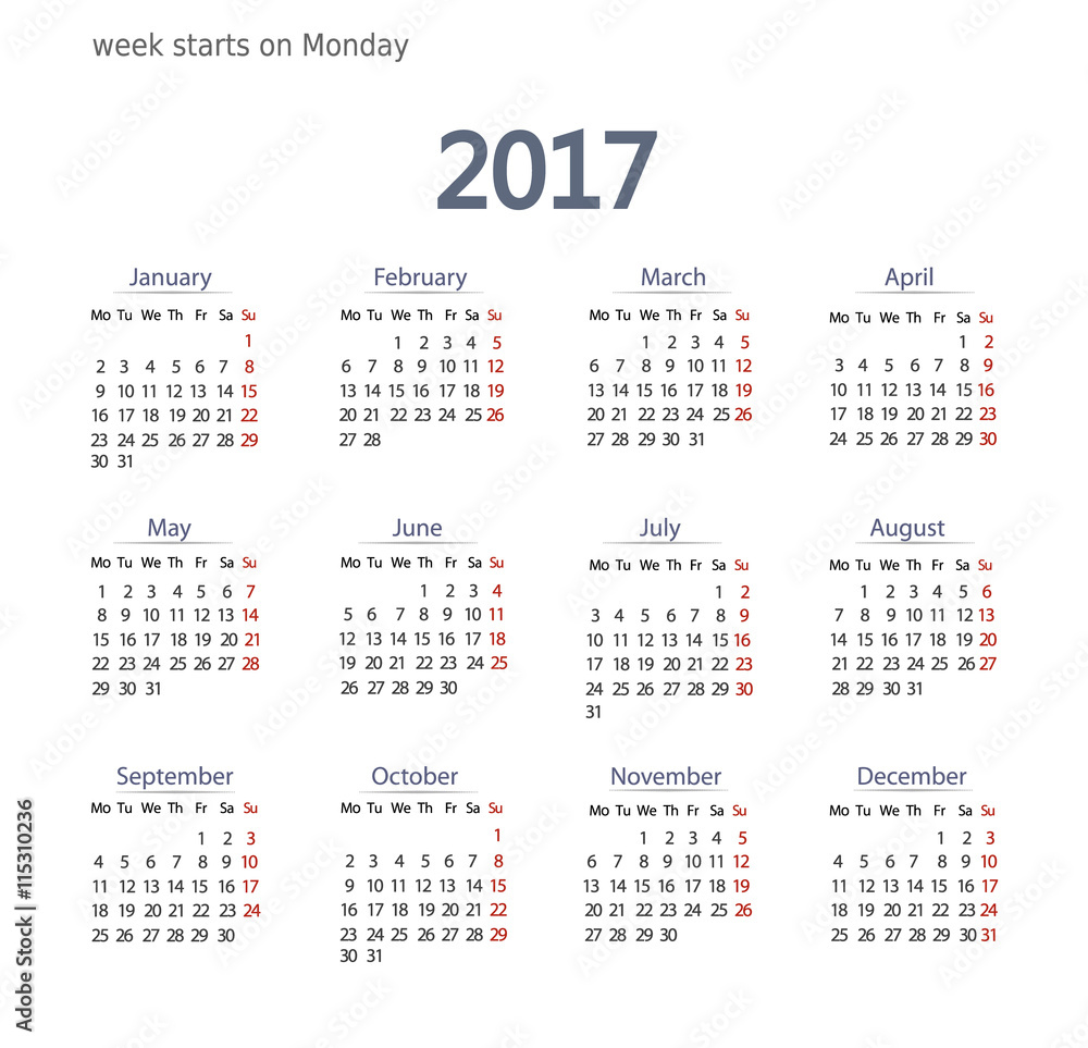 2017 Calendar template. Business format. Week starts on Monday
2017 Calendar template. Business format. Week starts on Monday