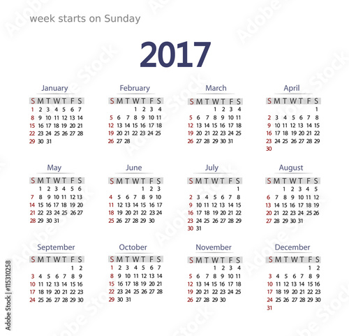 2017 Calendar template. Business format. Week starts on Sunday. 