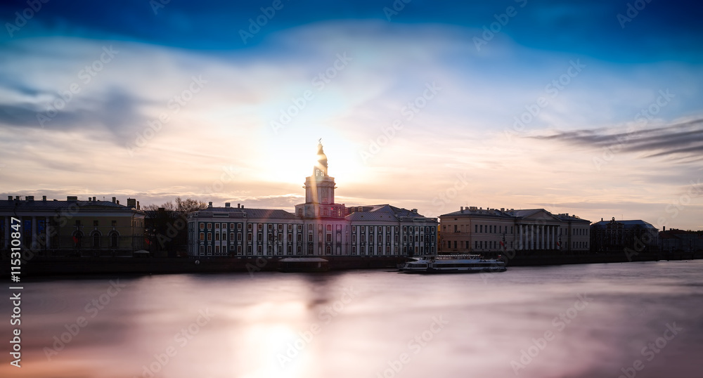 Horizontal vivid sunset Saint Petersburg toy bokeh background