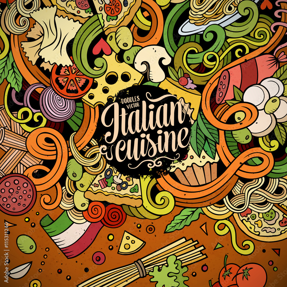 Fototapeta premium Cartoon hand-drawn doodles Italian food illustration