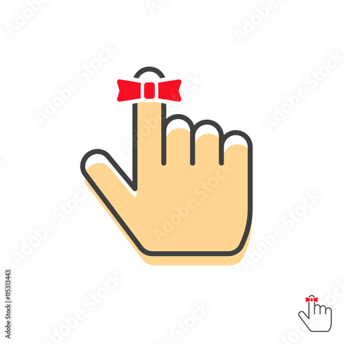 Reminder finger icon vector symbol with simple red string bow ribbon, pointer hand up with thumb in outline linear flat style, logo idea, label illustration design isolated on white background