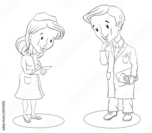 doctor with stethoscope and nurse writes his instructions colori