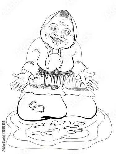 elderly woman in a apron in a jacket coloring book