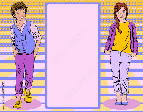 boy and girl standing and smiling on a colorful background of po