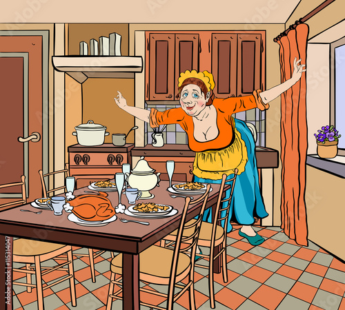 The hostess at the old clothes in the kitchen spread her arms to