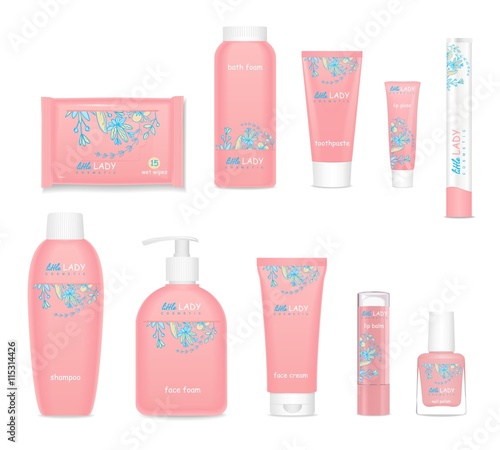 Kids cosmetic tubes with flower design. Vector