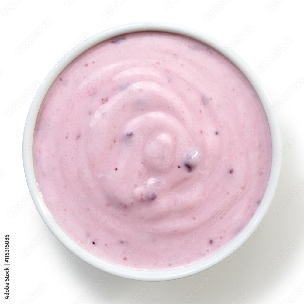 Ceramic bowl of fruit yoghurt from above. Ceramic bowl of fruit yoghurt from above.