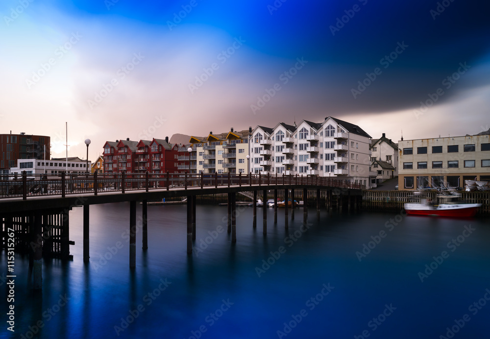 Horizontal vivid Norway town bridge cityscape background backdro