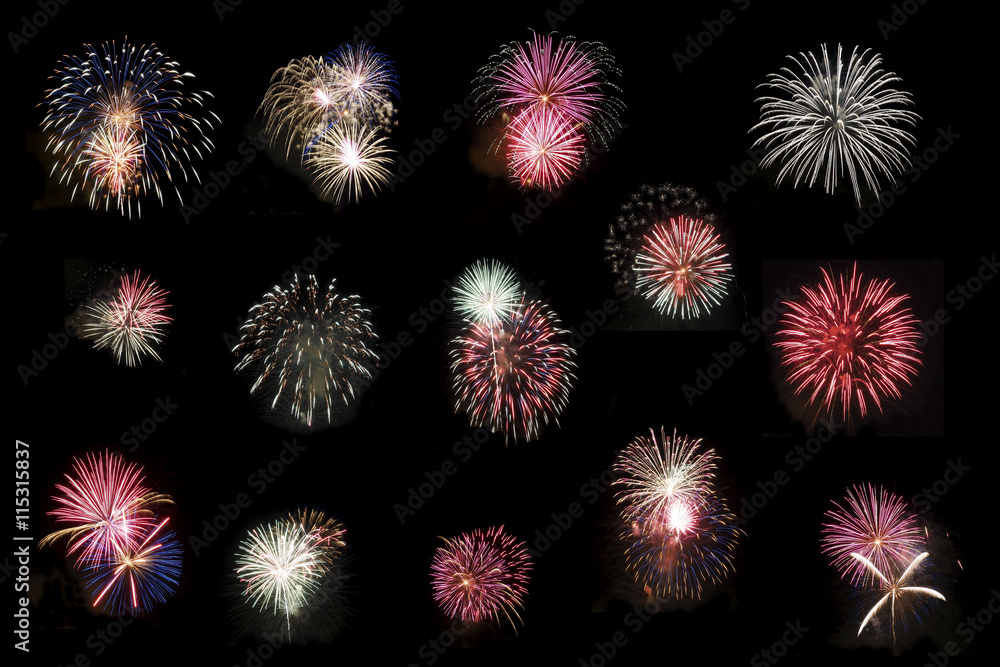 Collage of Fireworks on Pitch Black Sky