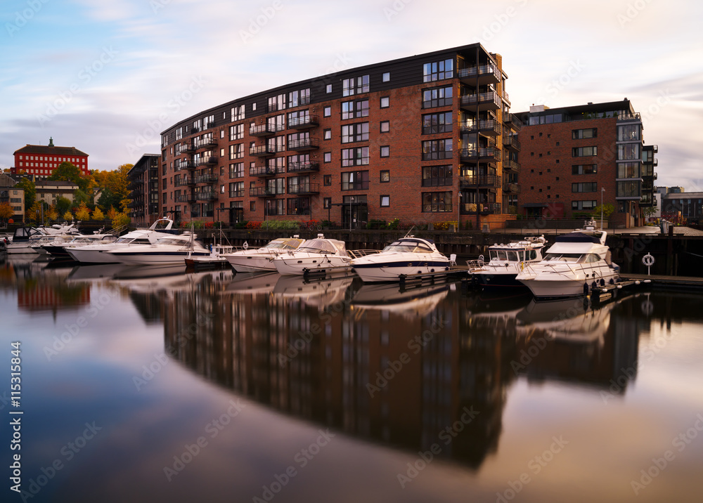 Horizontal vivid Norway yachts in city reflection background bac