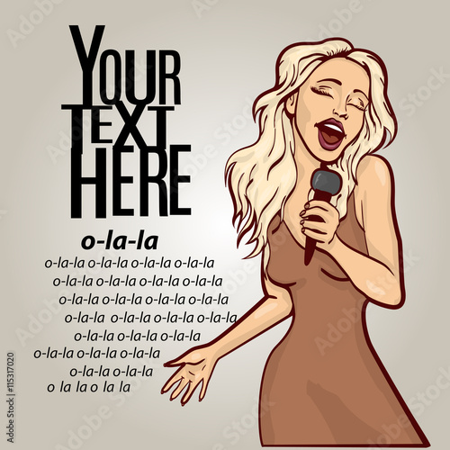 vector illustration of a singing  woman . karaoke party . copy space