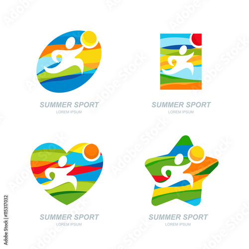 Set of vector summer sport logo, labels, badges, emblems. Human sports icons. Running man on summer landscape background. Concept for outdoor summer games, competition, marathon. Printing design. 