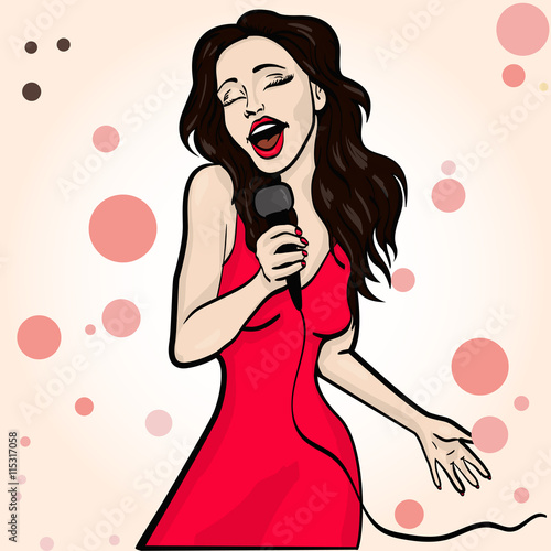 vector illustration of a singing  woman . karaoke party . copy space