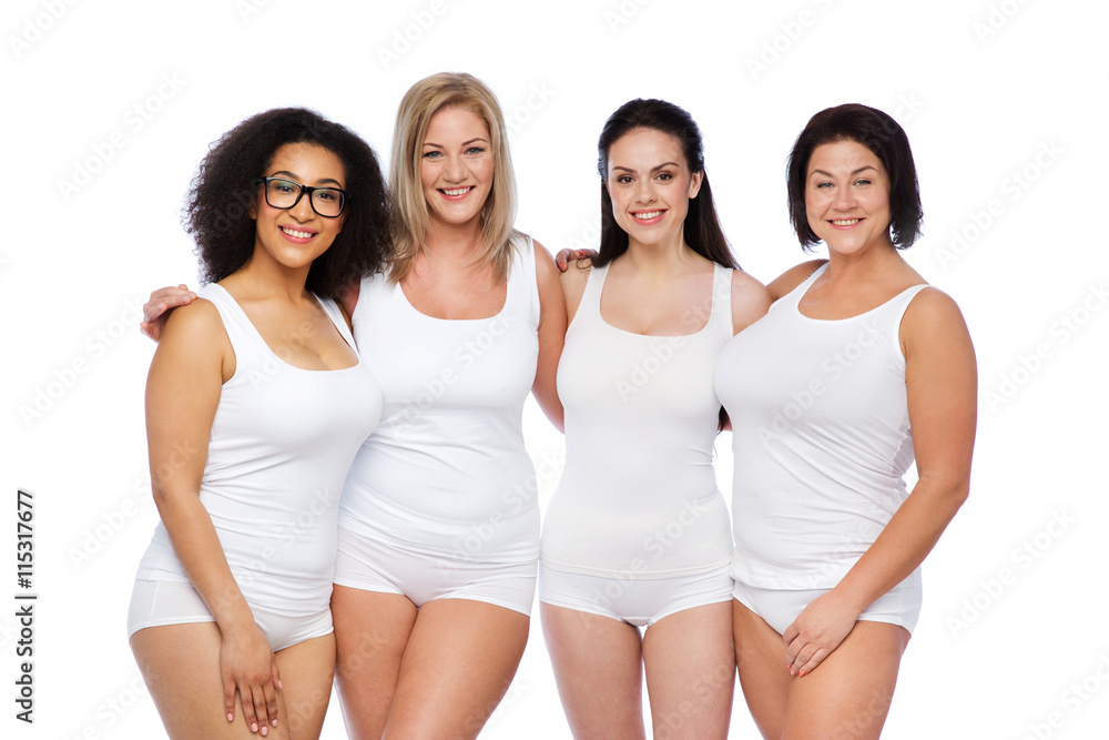 group of happy different women in white underwear group of happy different women in white underwear