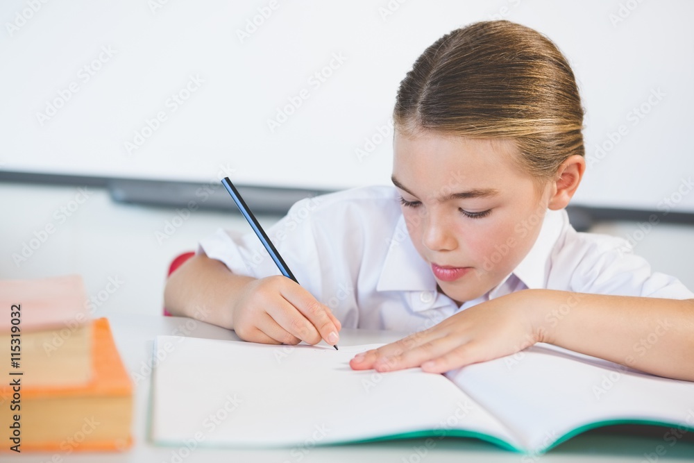 Schoolkid doing homework in classroom