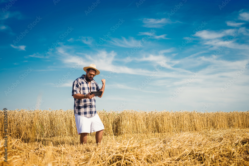 Man on a wheat field holding a tablet, hearing good news and feeling excited. Man on a wheat field holding a tablet, hearing good news and feeling excited.