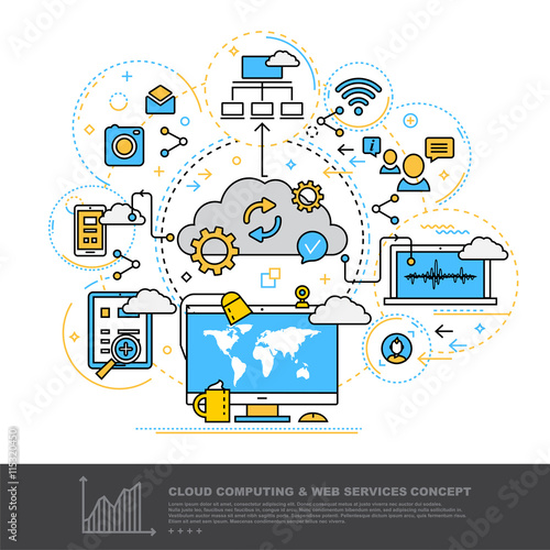Modern Thin Contour Line Design Concept of Cloud Computing and W