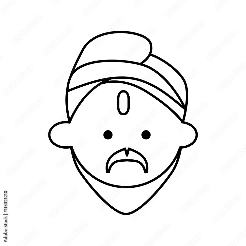 Indian culture concept represented by cartoon man head with mustache icon. Isolated and flat illustration 