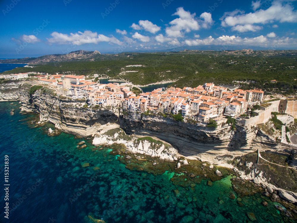 Aerial view the Old Town of Bonifacio, the limestone cliff