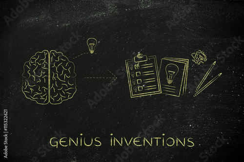 brain with idea to write down on paper, genius inventions