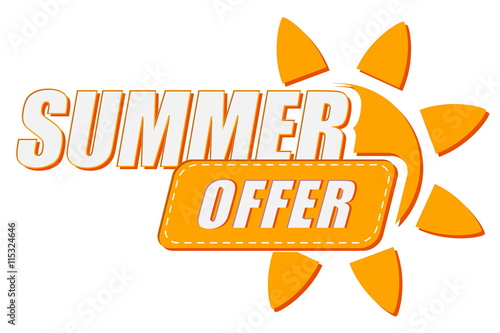 summer offer with sun sign, flat design label, vector