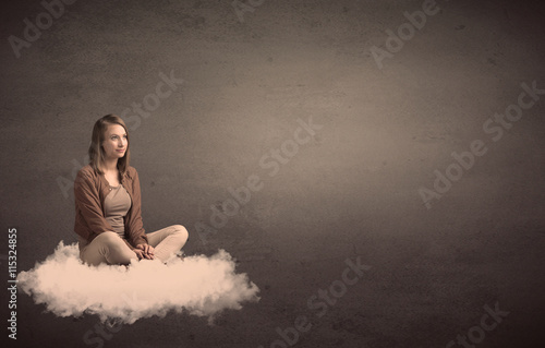 Woman sitting on a cloud with plain bakcground