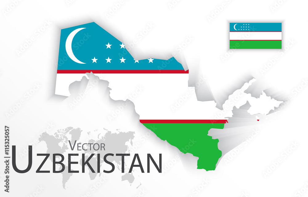 Uzbekistan ( Republic of Uzbekistan ) ( flag and map ) ( transportation and tourism concept )