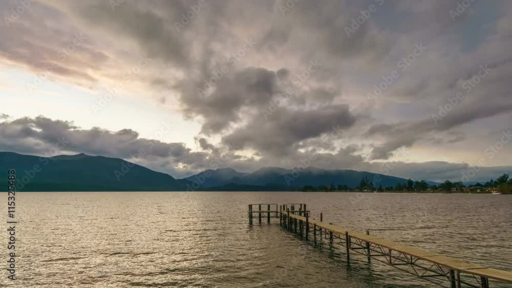 Empty Jetty By The Lake, Te Anau, Southland, New Zealand. Motion Time Lapse Pan Right Empty Jetty By The Lake, Te Anau, Southland, New Zealand. Motion Time Lapse Pan Right
