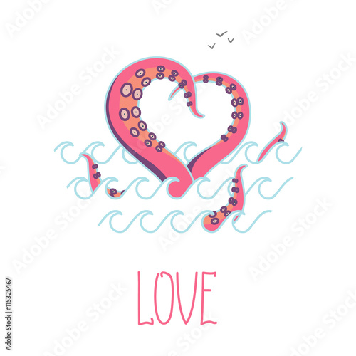 Minimal Valentines day vintage card Octopus in love