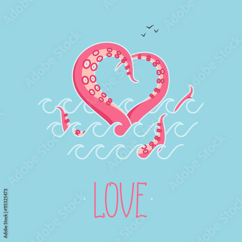 Valentines day vintage card Octopus in love