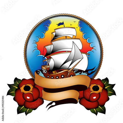 Traditional ship with roses