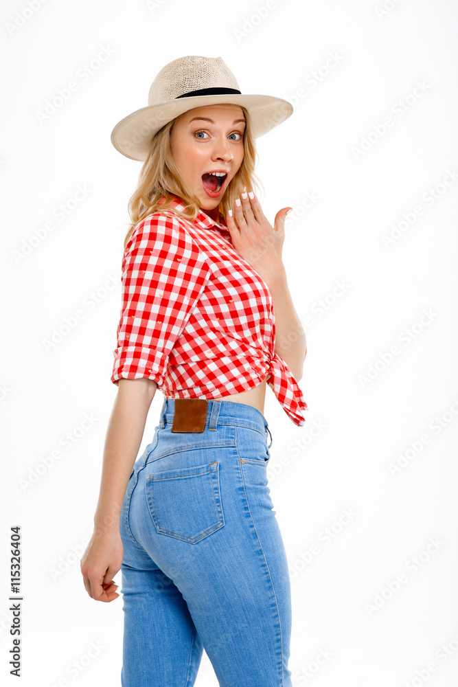 Portrait of beautiful country girl surprised over white background. Portrait of beautiful country girl surprised over white background.